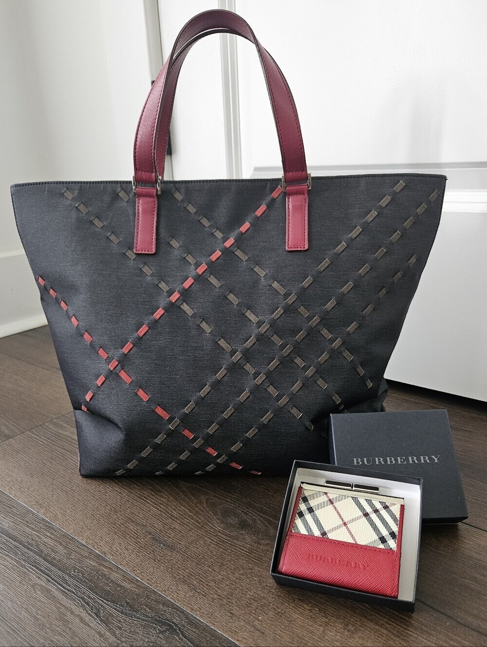 Burberry Nova Check Ribbon Tote Shopper Bag + Red Leather Trim Kisslock Wallet